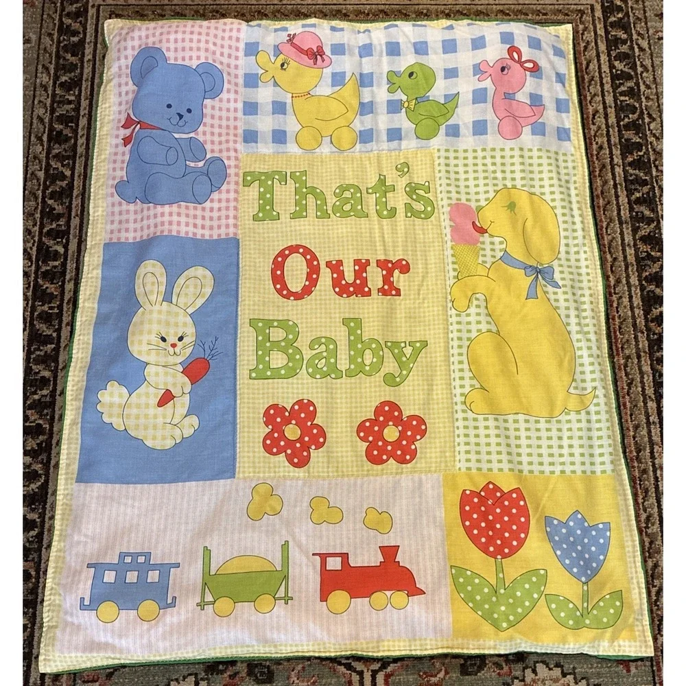 VTG Handmade Baby Quilt Bunny Teddy Bear Train